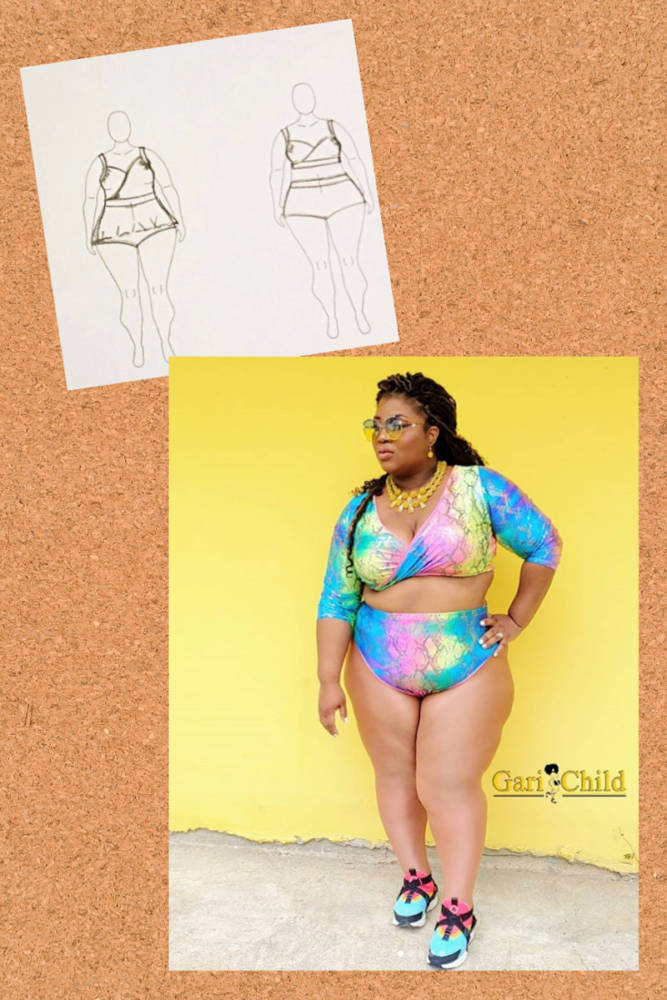 Model wearing design combined from South Shore Romper sewing pattern by Ellie & Mac and Evie Swimsuit pattern by Caramiya alongside corresponding swimsuit fashion sketches on custom body positive fashion croquis by MyBodyModel