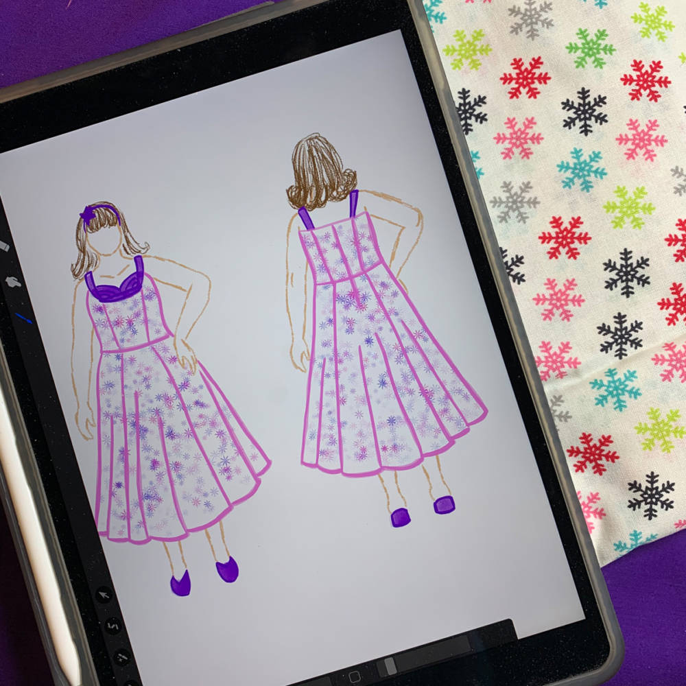An Apple Pencil and iPad Pro displaying dress sketches made with apps for fashion design