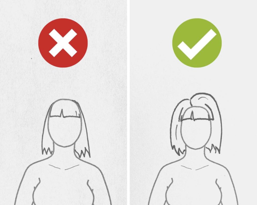 How to draw hair: add volume to the part of the hair. This image shows how you should draw hair with volume, and how you shouldn't. 