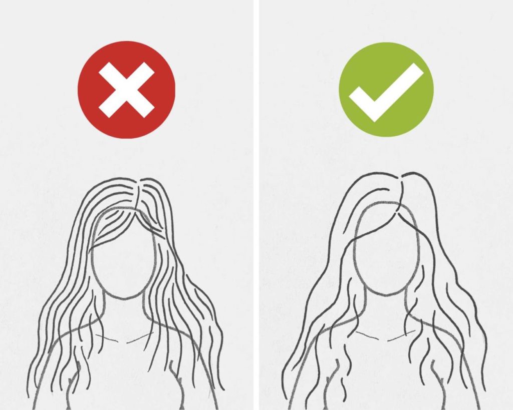 How to draw hair: draw outline and general shape, while keeping it simple. Do not draw every individual hair. 