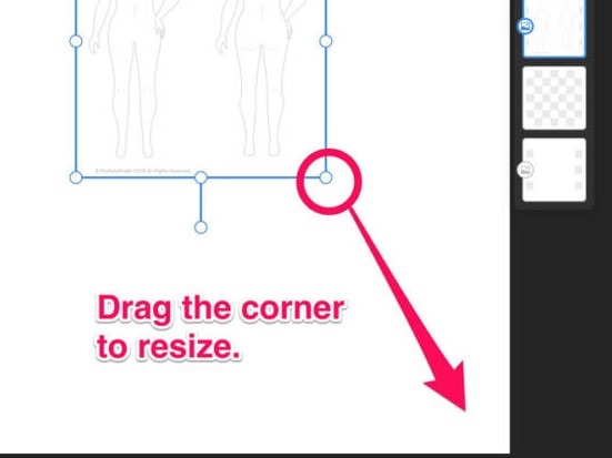 How to resize your croquis: Inferface displaying how to drag the corner of an image to resize, using MyBodyModel croquis in Adobe Fresco.