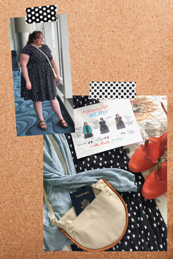 The perfect travel day outfit from sketch to finish: Whitney wears her beige Luna Crossbody by Pattern Scout and black and white polka dot Moneta dress by Colette Patterns designed on her custom body positive MyBodyModel fashion croquis for her handmade wardrobe