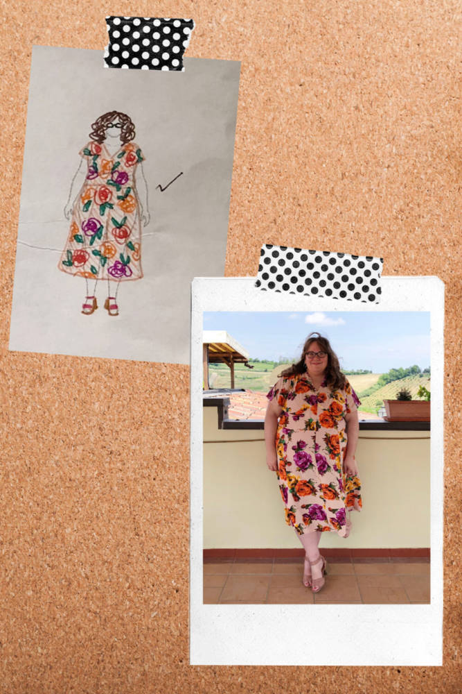 Whitney wears her flowered Myrna dress by Colette Patterns alongside clothing sketch on her custom body positive MyBodyModel fashion croquis for her handmade wardrobe