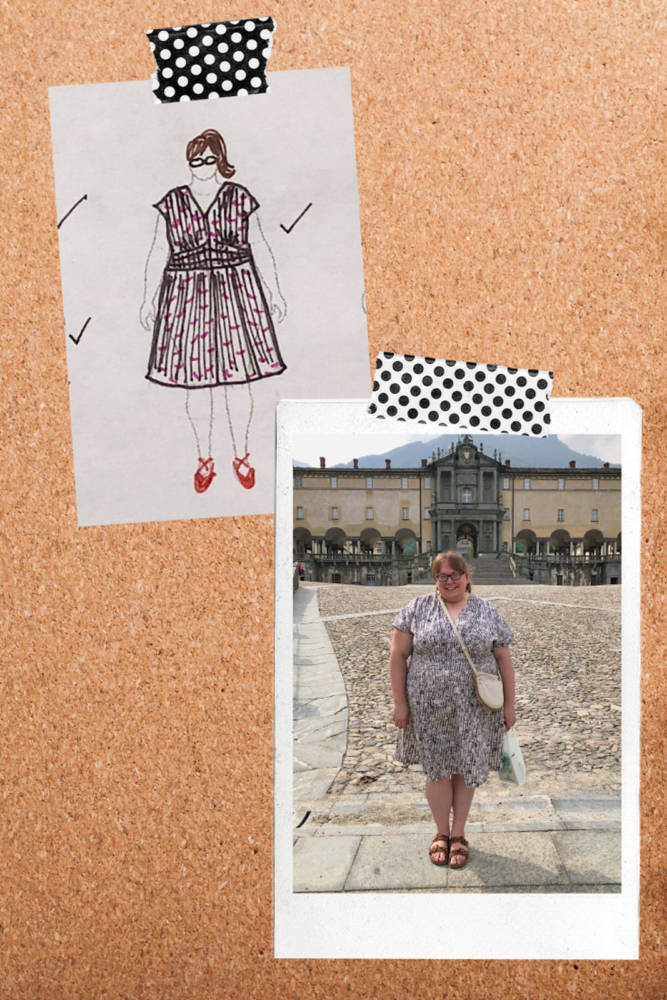 Whitney wears her Myrna dress by Colette Patterns alongside clothing sketch on her custom body positive MyBodyModel fashion croquis for her handmade wardrobe