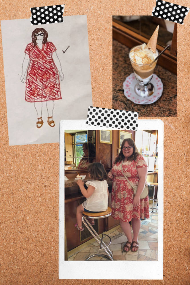 Whitney wears her red and tan flowered Wren dress by Colette Patterns alongside clothing sketch on her custom body positive MyBodyModel fashion croquis for her handmade wardrobe 