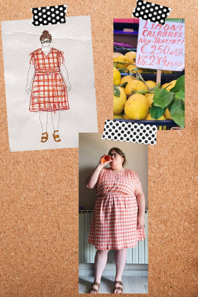 Whitney wears her orange and white gingham pattern Kimmy dress by Seamwork alongside clothing sketch on her custom body positive MyBodyModel fashion croquis