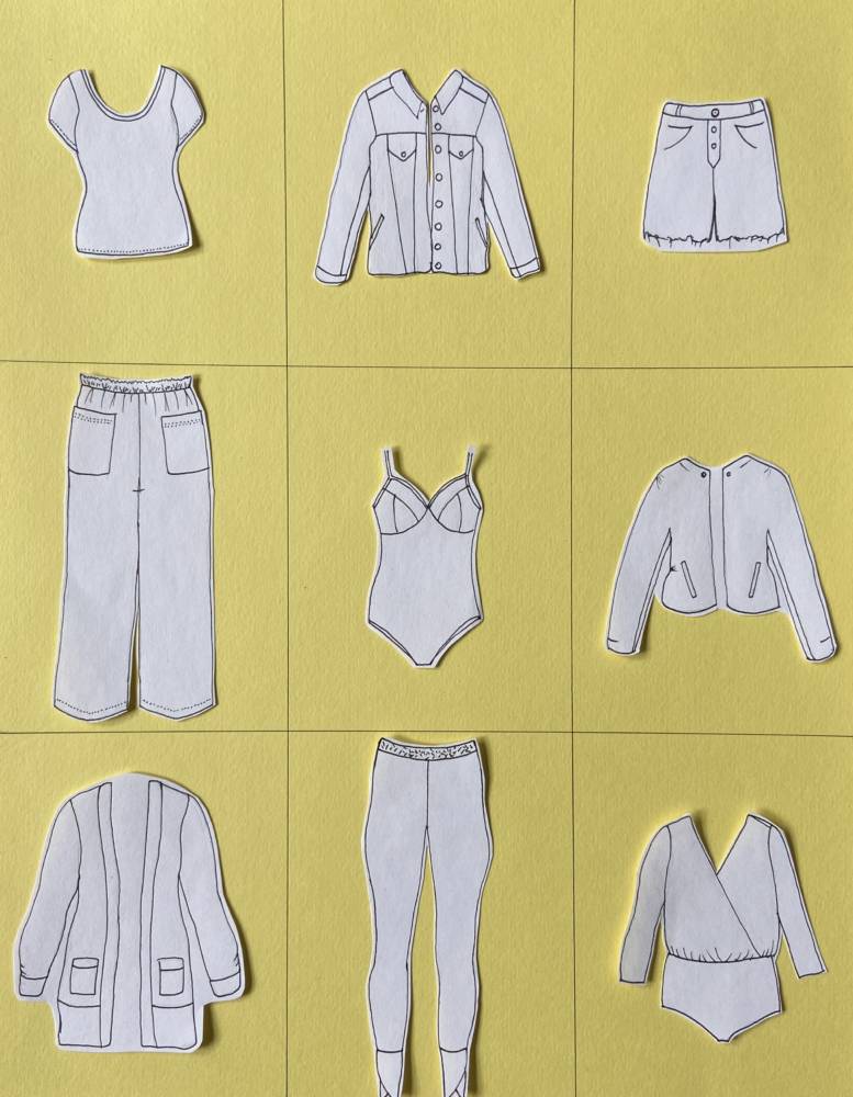 9 garments in my 3x3 sudoku fall capsule wardrobe!  From top left across - Orlando top, Audrey Jacket, High-waisted jean shorts, Joss pants, Ariane bodysuit, Vintage leather jacket, Blackwood Cardigan, Manila leggings, and Angela bodysuit. I drew these by tracing over my MyBodyModel (custom fashion croquis) personalized paper doll.