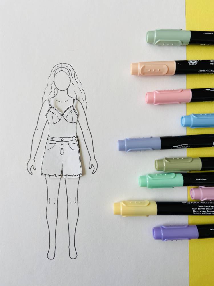 Fall capsule wardrobe outfit combos -high waisted jean shorts paired with the Ariane bodysuit from Seamwork, on MyBodyModel paper doll (custom fashion croquis).