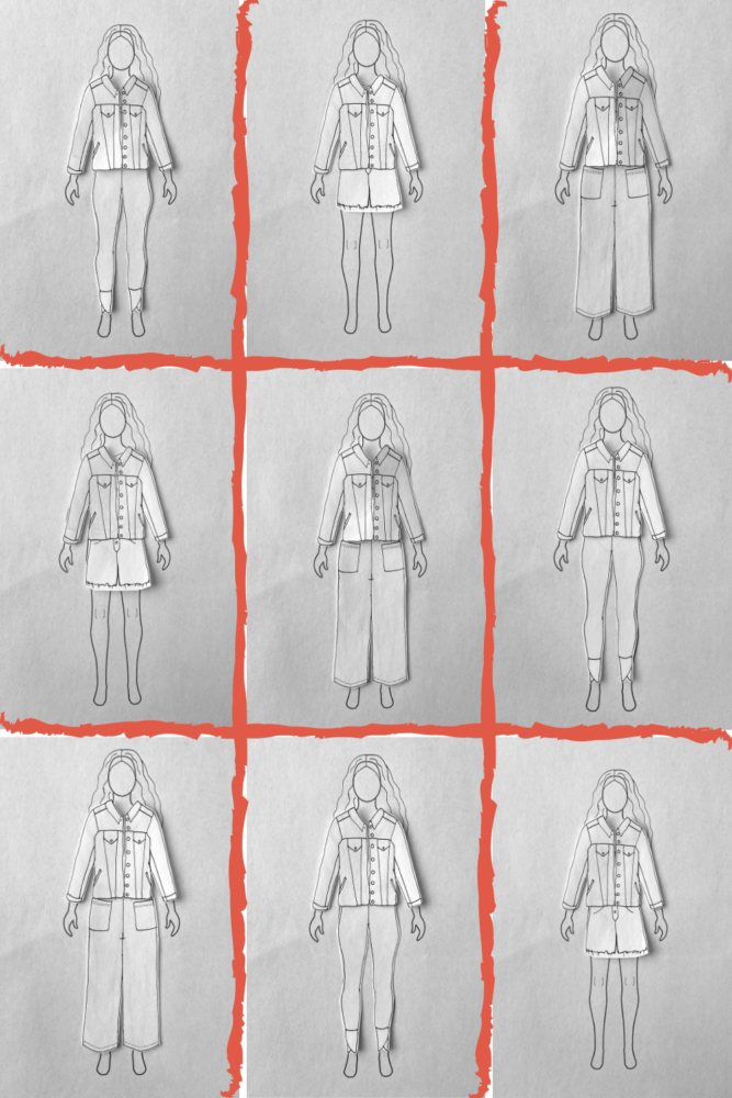 Fall capsule wardrobe outfit pairings sudoku and paper doll style with the Audrey jacket from Seamwork. I used MyBodyModel (custom fashion croquis) for my personalized paper doll.