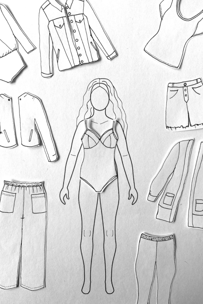 Fall Capsule Wardrobe Planning Paper Doll Style with MyBodyModel custom fashion croquis! Here's the Seamwork Ariane bodysuit surrounded by coordinating garments to wear with it.