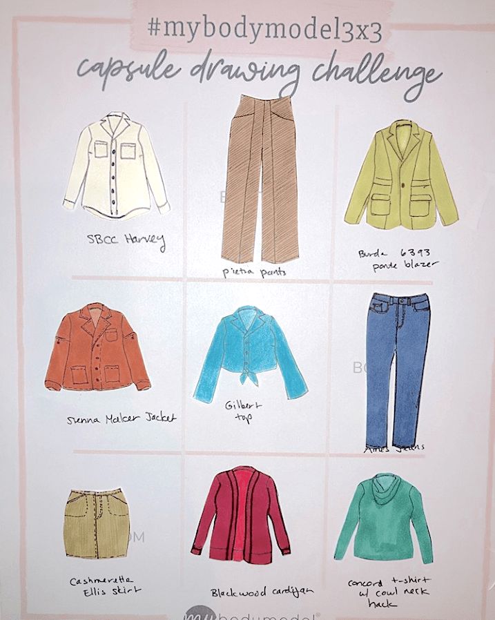 Colorful 9 piece mini capsule wardrobe sketches drawn on MyBodyModel fashion croquis by @handmade_gere for the #mybodymodel3x3 challenge