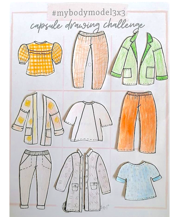 Colorful 9 piece mini capsule wardrobe sketches drawn on MyBodyModel fashion croquis by @sewdisorganised for the #mybodymodel3x3 challenge