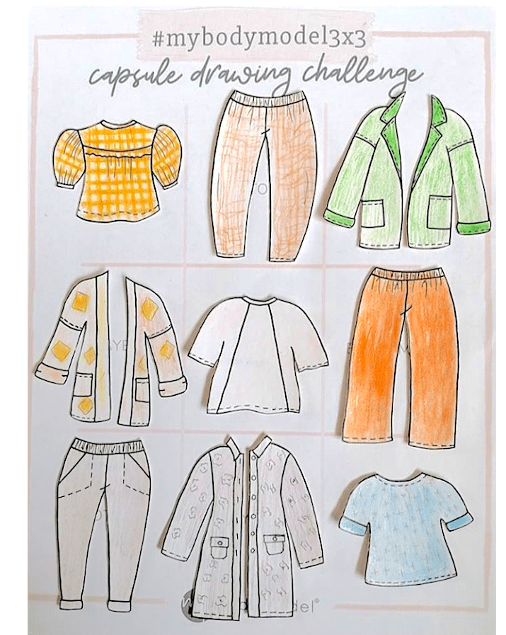 Colorful 9 piece mini capsule wardrobe sketches drawn on MyBodyModel fashion croquis by @sewdisorganised for the #mybodymodel3x3 challenge