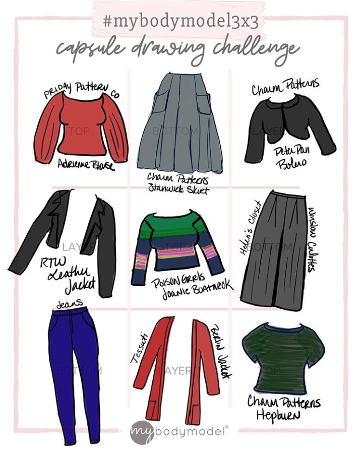 Colorful 9 piece mini capsule wardrobe sketches drawn on MyBodyModel fashion croquis by @thelilacelk for the #mybodymodel3x3 challenge