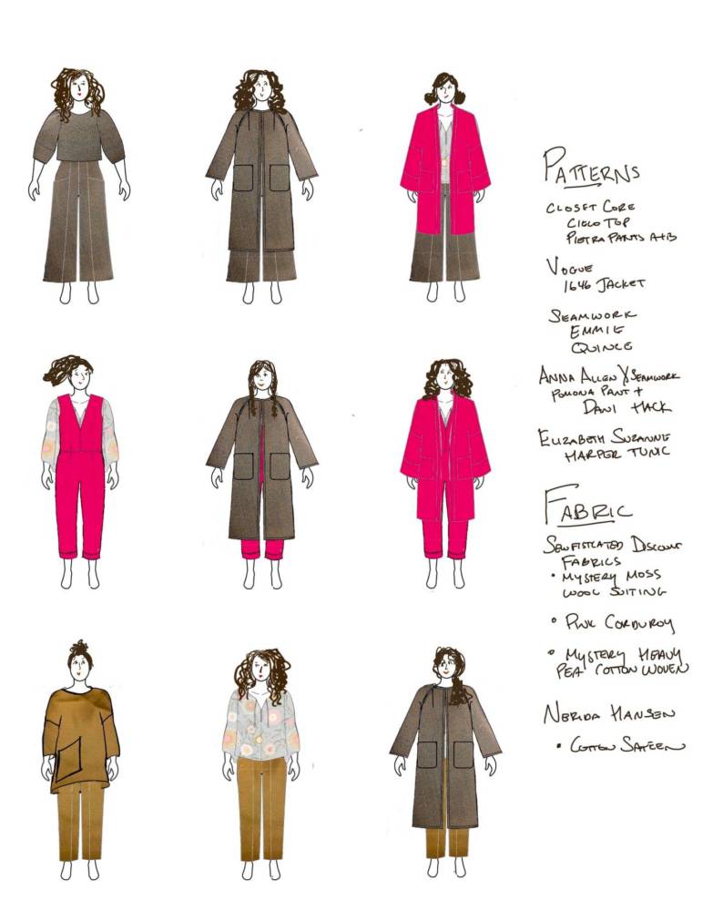 Hot pink and natural tone Fall/Winter 9 piece mini capsule wardrobe sketches drawn on MyBodyModel fashion croquis by Leah Fasten for the #mybodymodel3x3 challenge