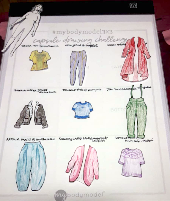 Colorful 9 piece mini capsule wardrobe sketches drawn on MyBodyModel fashion croquis by @puppeteeringacademic for the #mybodymodel3x3 challenge