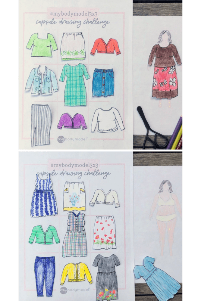 Colorful mini capsule wardrobe sketches on MyBodyModel fashion croquis by @lakesaltknit for the #mybodymodel3x3 challenge