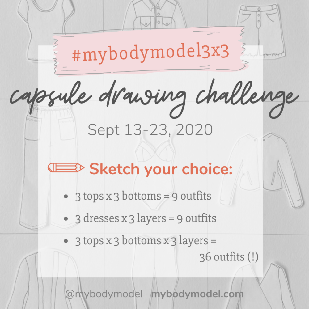 Announcing the #MyBodyModel3x3 Capsule Wardrobe Challenge, a community drawing challenge for creative makers to design their own capsule wardrobes, paper doll style, on a croquis of your own body! Prize winners will be selected randomly and all drawing skill levels are welcome! More information: @Mybodymodel and mybodymodel.com/blog.