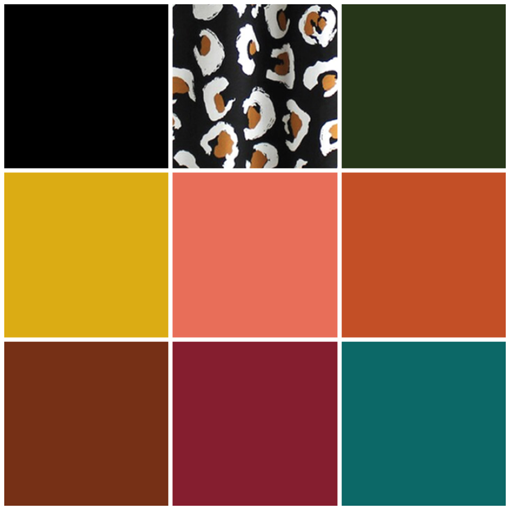 My fall color palette: : black, mustard yellow, forest green, coral, burnt orange, warm brown, maroon, and deep teal 