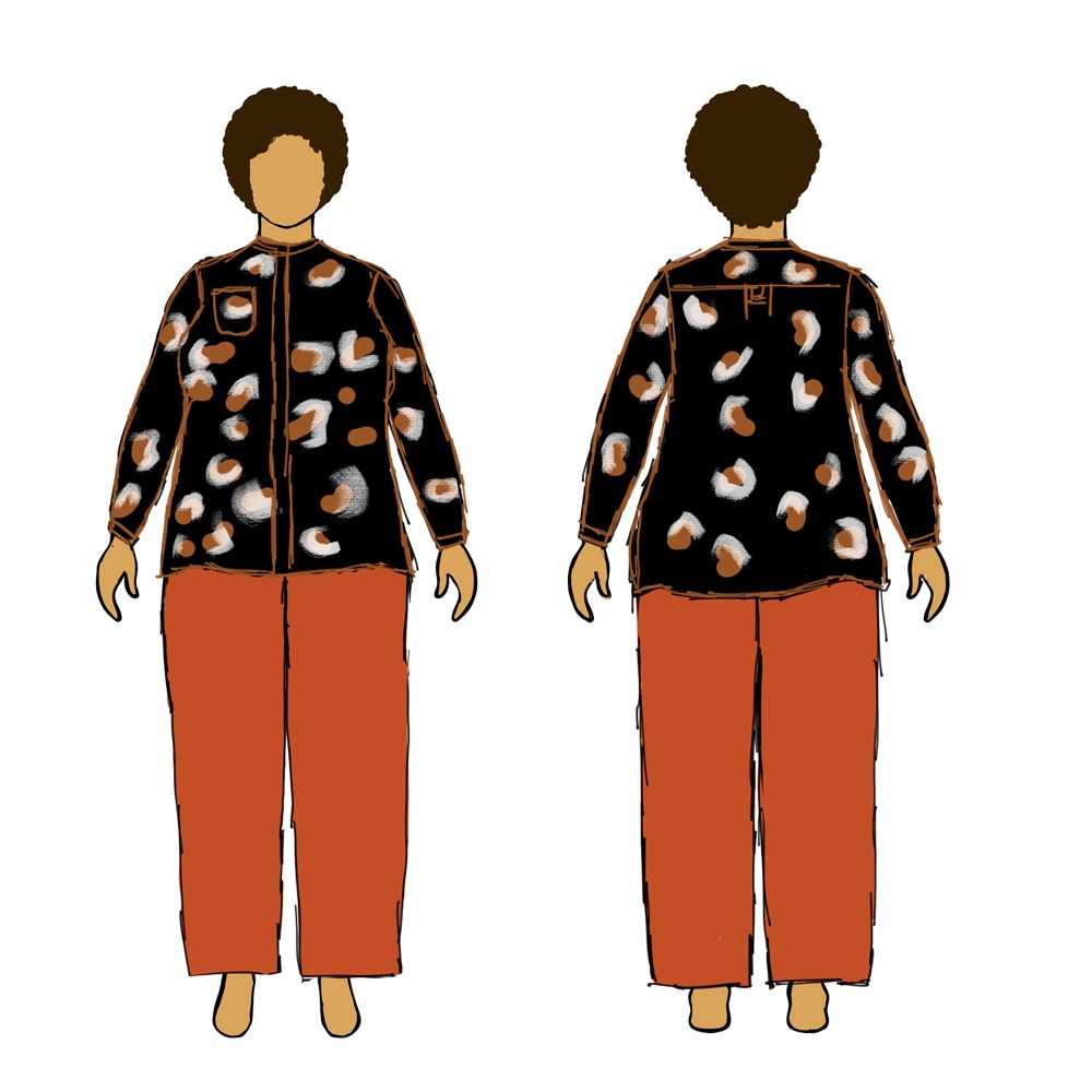 MyBodyModel sketch of my fall DYW Look 5: Cornell shirt by Elbe Textiles in  “egg print” fabric, paired with my orange Glebe pants.