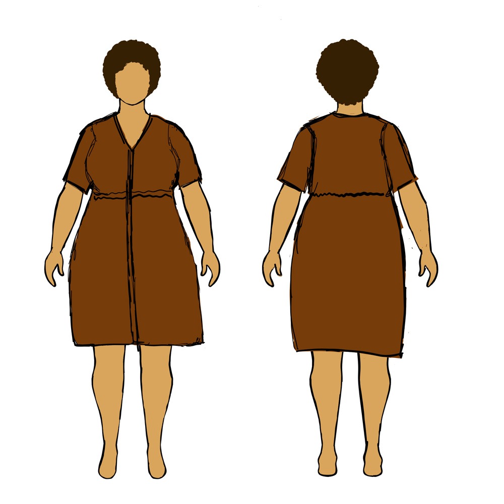 MyBodyModel sketch of my fall DYW Look 3: Bertie dress from Seamwork in brown viscose linen noil.