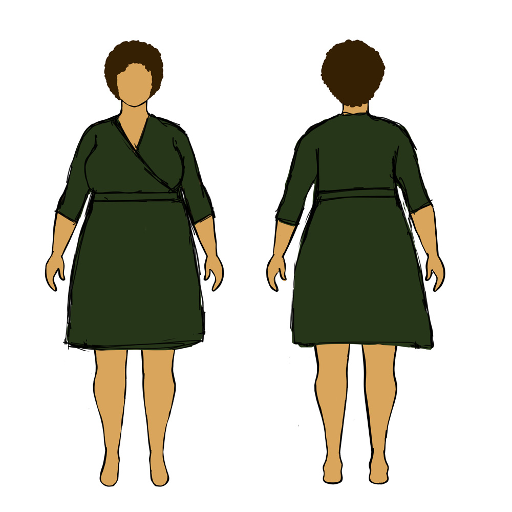 MyBodyModel sketch of my fall DYW Look 4: Alcott dress from Cashmerette in forest green ITY.