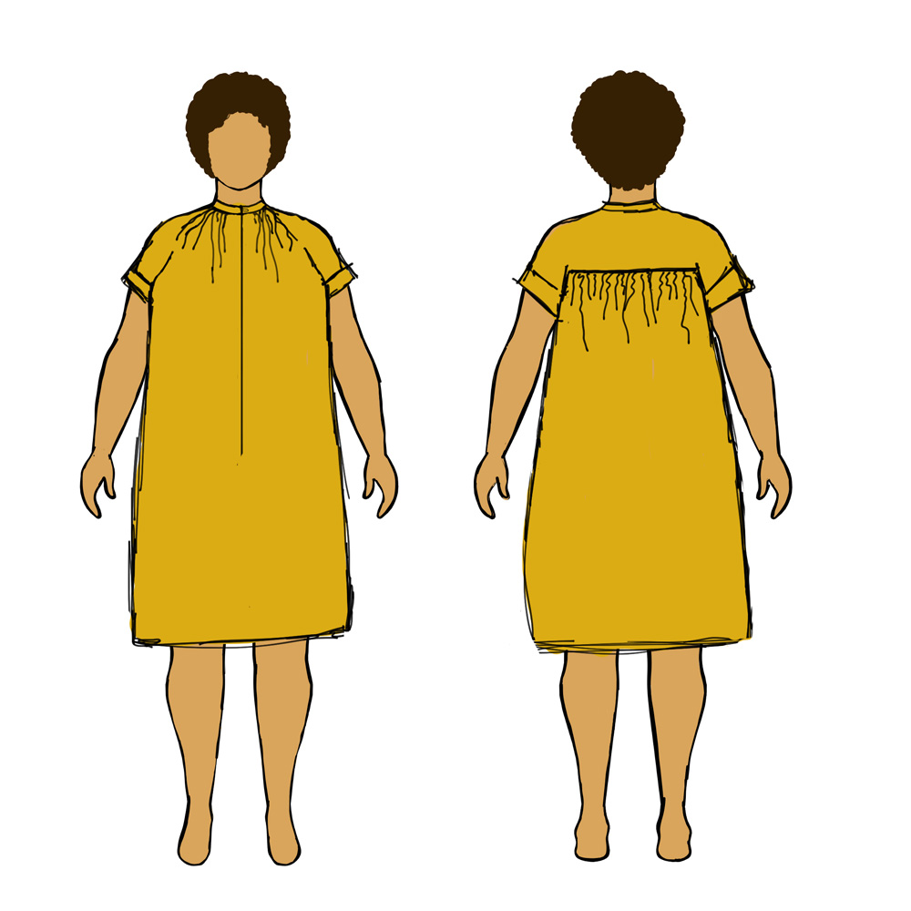 MyBodyModel sketch of my fall DYW Look 2: mustard Huon dress from Muna & Broad. 