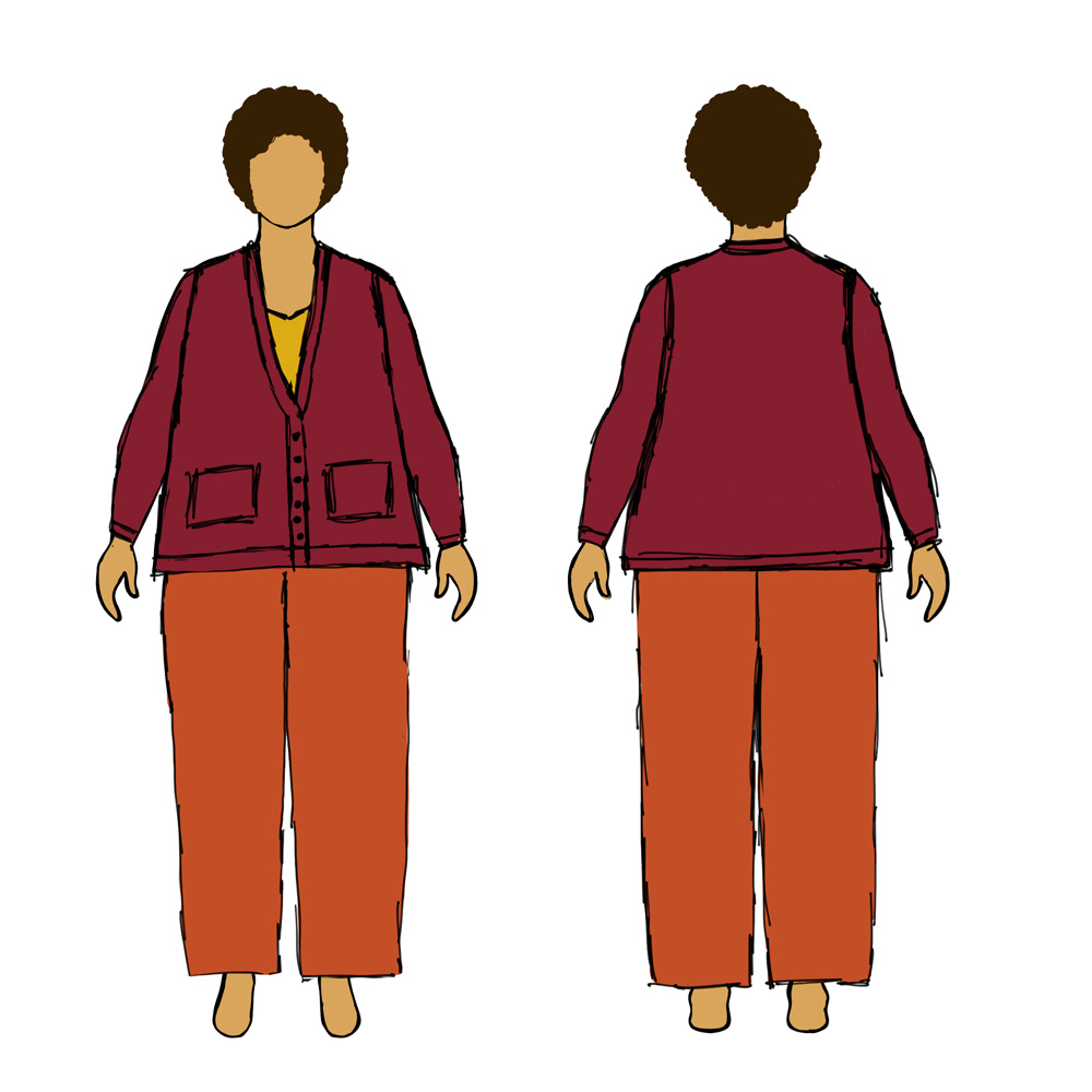 MyBodyModel sketch of my fall DYW Look 1: mustard Nullarbor cami paired with orange Glebe plants and a burgundy Milo cardigan. 
