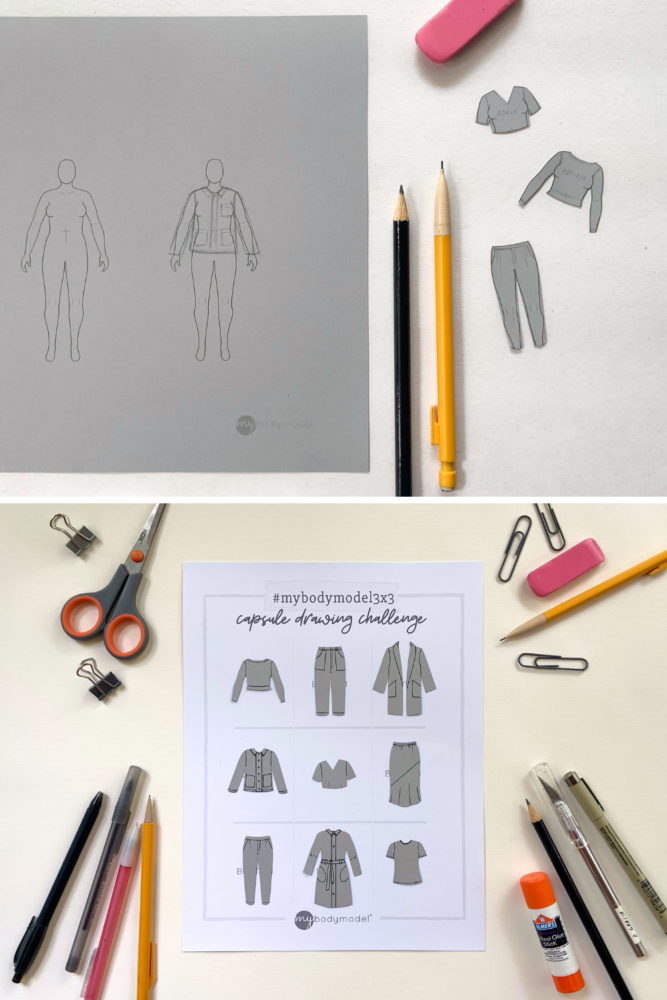 Devon used gray paper to print her 3-models sketch page from her MyBodyModel Project Planner PDF. Then, she drew and cut out the clothes to arrange them on the 3x3 planning grid.
