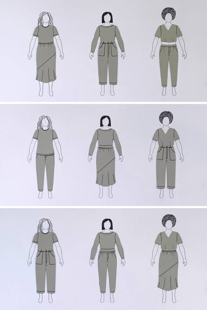 Devon used gray paper to print her 3-models sketch page from her MyBodyModel Project Planner PDF. Then, she drew and cut out the clothes to arrange them on the 3x3 planning grid.