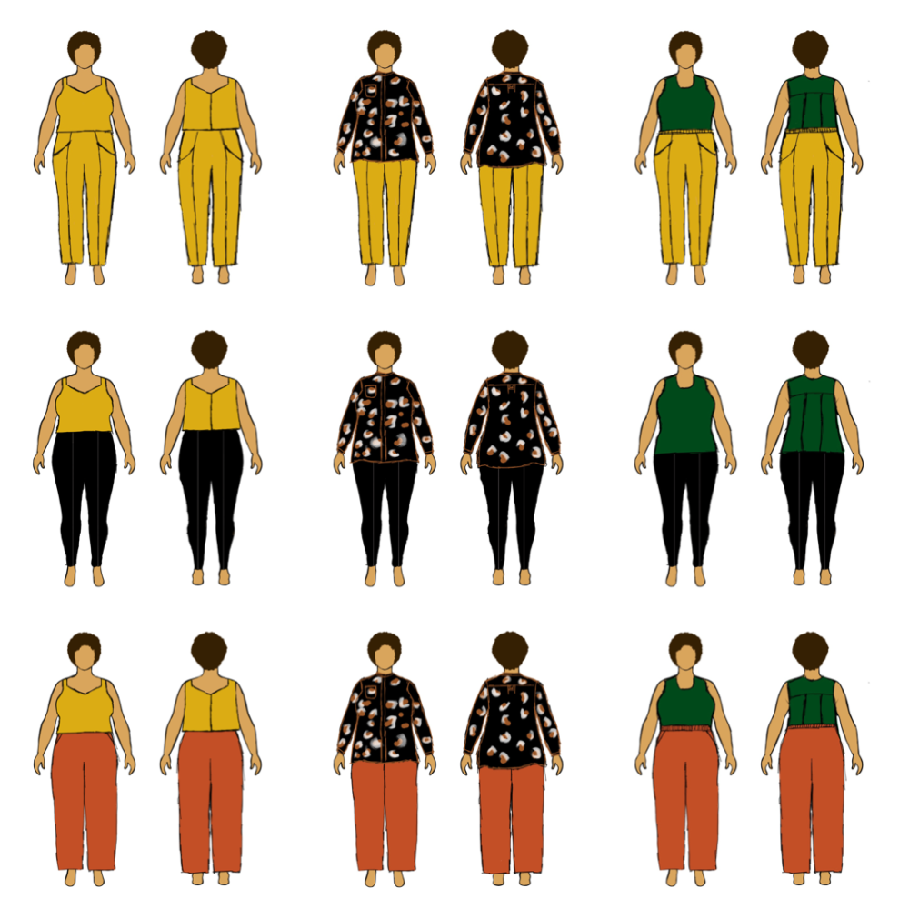 #mybodymodel3x3 fall capsule wardrobe by Sierra @sierraburrell: 3 tops x 3 bottoms = 9 outfits with lots of layering potential: Mustard Nullarbor Cami by Muna & Broad, Dark Springfield tank top by Cashmerette, Printed Cornell shirt by Elbe Textiles, Orange Glebe pants by Muna & Broad, Black  Dexter pants by Seamwork, Mustard Sculthorpe pants by Muna & Broad