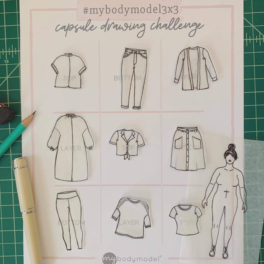 MyBodyModel 3x3 Planning worksheet with my personal croquis paper doll and pattern flats