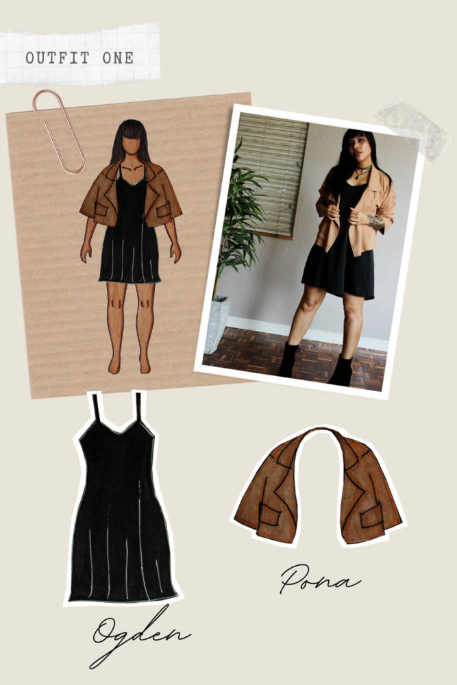 Capsule Wardrobe Sewing outfits from sketch to finish! Outfit 1:  black Ogden Cami Dress + tan Pona Jacket. I sketched each outfit on my personalized croquis fashion drawing templates from MyBodyModel.