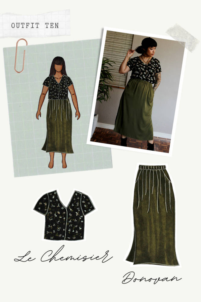 Capsule Wardrobe Sewing outfits from sketch to finish! Outfit 10: khaki olive Donovan Skirt + dark floral Le Chemisier shirt. I sketched each outfit on my personalized croquis fashion drawing templates from MyBodyModel.