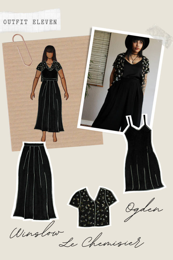 Capsule Wardrobe Sewing outfits from sketch to finish! Outfit 11: black Winslow Culottes + black Ogden Cami Dress (worn as top) + dark floral Le Chemisier shirt (worn open). I sketched each outfit on my personalized croquis fashion drawing templates from MyBodyModel.