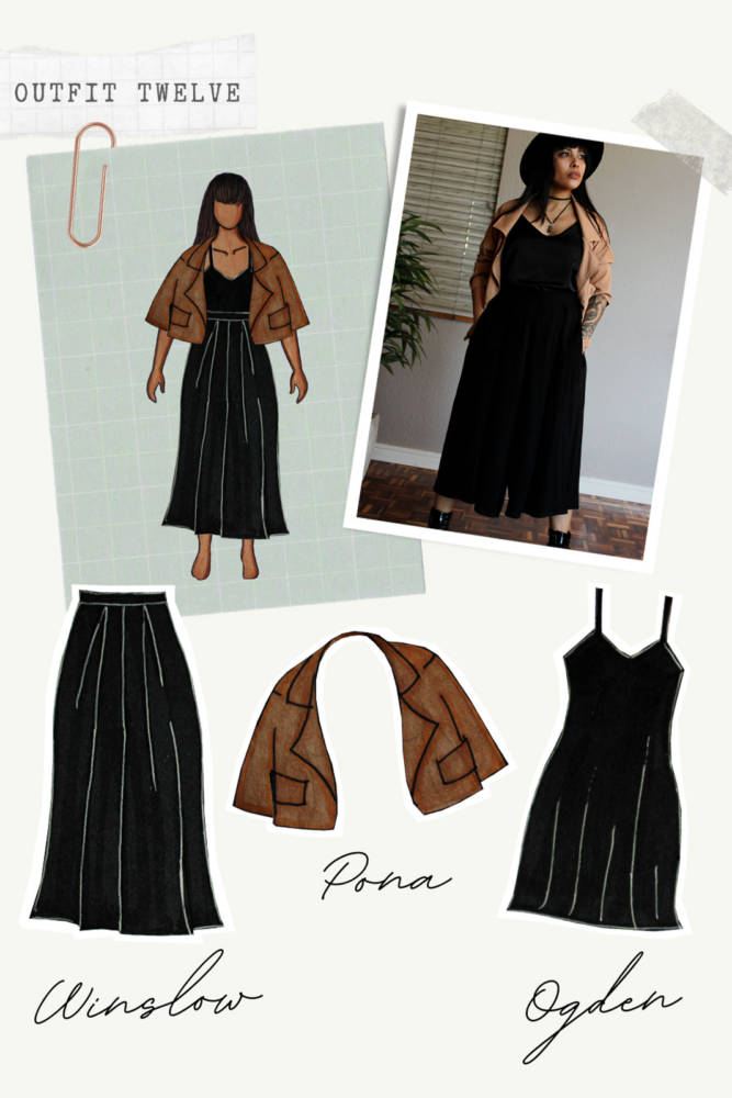 Capsule Wardrobe Sewing outfits from sketch to finish! Outfit 12: black Winslow Culottes + black Ogden Cami Dress (worn as top) + tan Pona Jacket. I sketched each outfit on my personalized croquis fashion drawing templates from MyBodyModel.