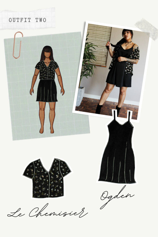 Capsule Wardrobe Sewing outfits from sketch to finish! Outfit 2: black Ogden Cami Dress + dark floral Le Chemisier shirt (worn open). I sketched each outfit on my personalized croquis fashion drawing templates from MyBodyModel.