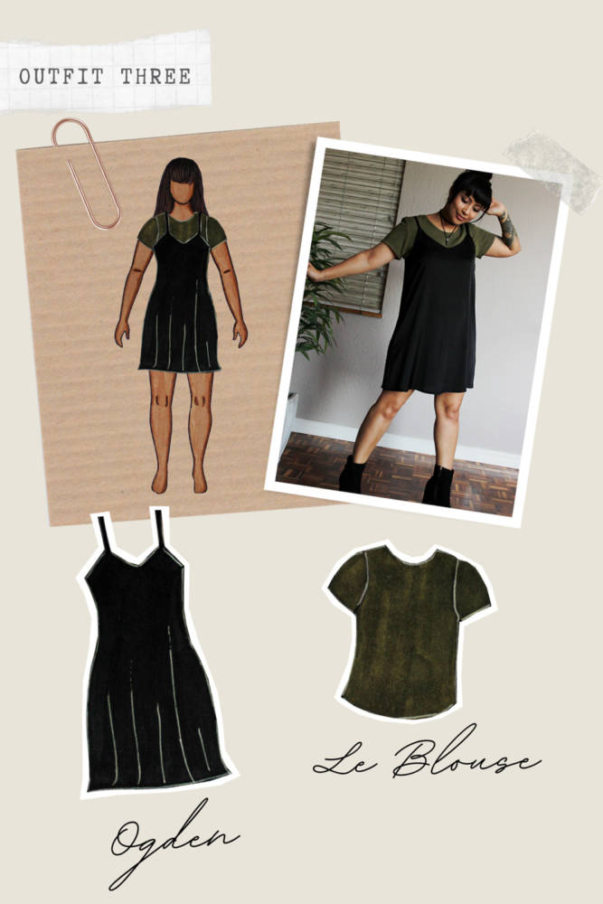 Capsule Wardrobe Sewing outfits from sketch to finish! Outfit 3: black Ogden Cami Dress + khaki olive La Blouse. I sketched each outfit on my personalized croquis fashion drawing templates from MyBodyModel.