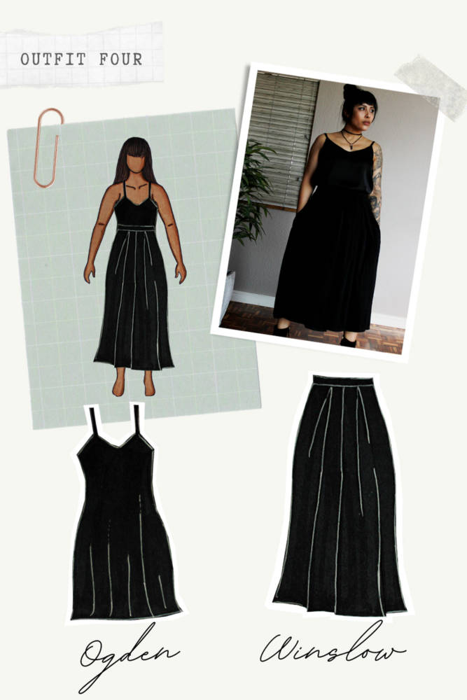 Capsule Wardrobe Sewing outfits from sketch to finish! Outfit 4: black Ogden Cami Dress + black Winslow Culottes. I sketched each outfit on my personalized croquis fashion drawing templates from MyBodyModel.