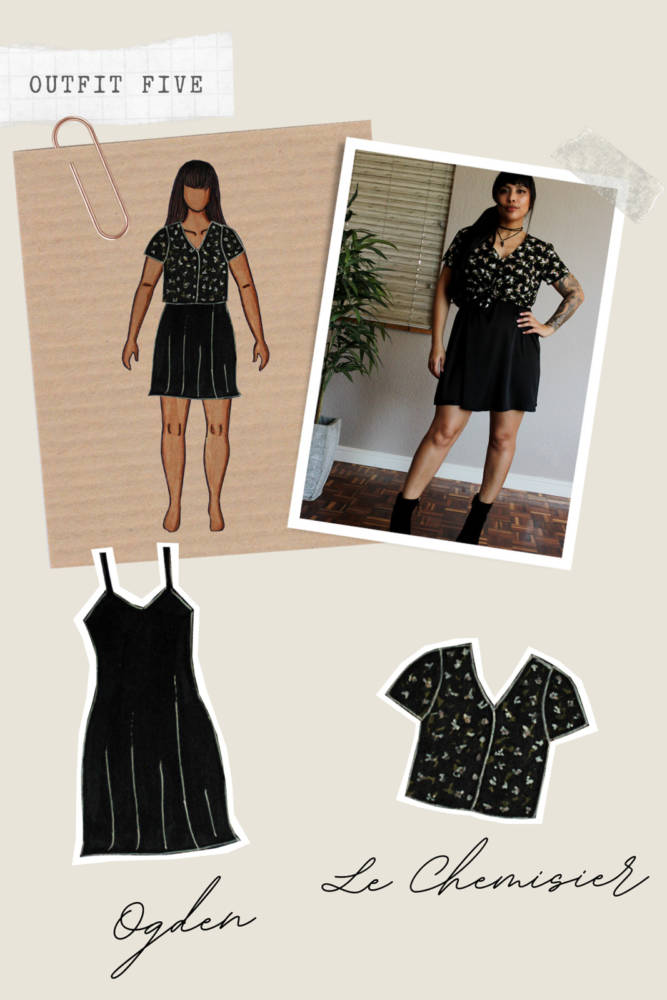 Capsule Wardrobe Sewing outfits from sketch to finish! Outfit 5: black Ogden Cami Dress (worn as skirt) + dark floral Le Chemisier shirt. I sketched each outfit on my personalized croquis fashion drawing templates from MyBodyModel.
