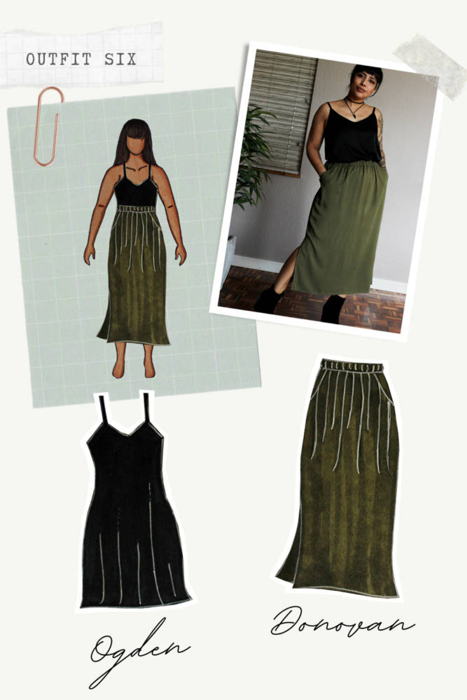 Capsule Wardrobe Sewing outfits from sketch to finish! Outfit 6: black Ogden Cami Dress (work as top) + khaki olive Donovan Skirt. I sketched each outfit on my personalized croquis fashion drawing templates from MyBodyModel.