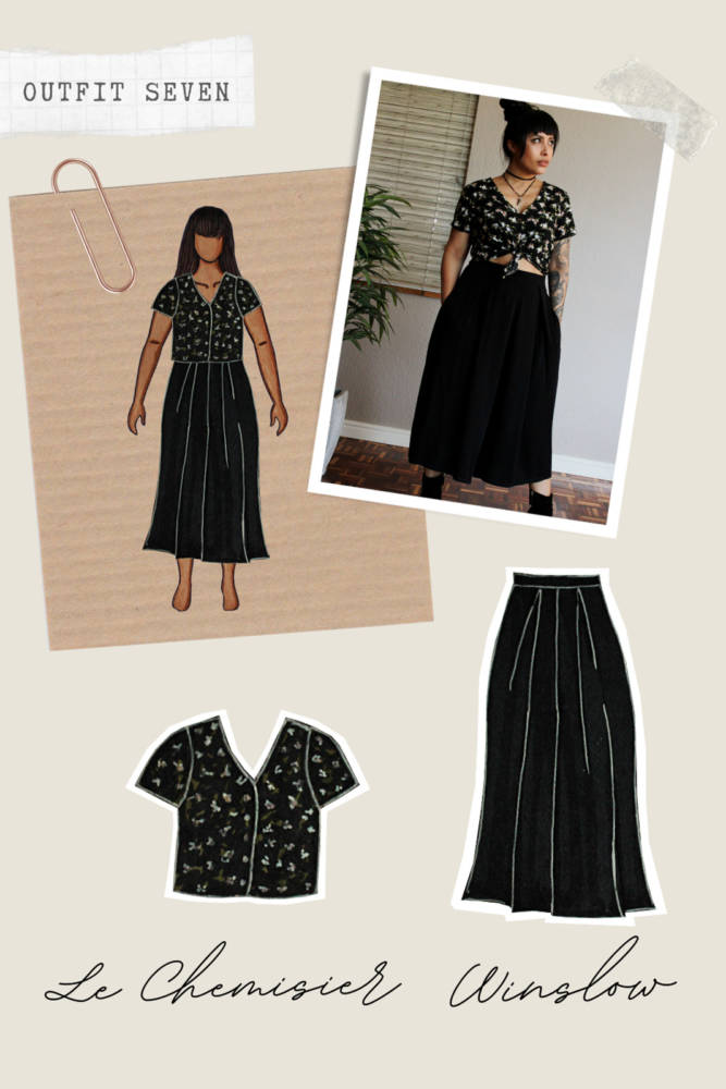 Capsule Wardrobe Sewing outfits from sketch to finish! Outfit 7: black Winslow Culottes + dark floral Le Chemisier shirt. I sketched each outfit on my personalized croquis fashion drawing templates from MyBodyModel.