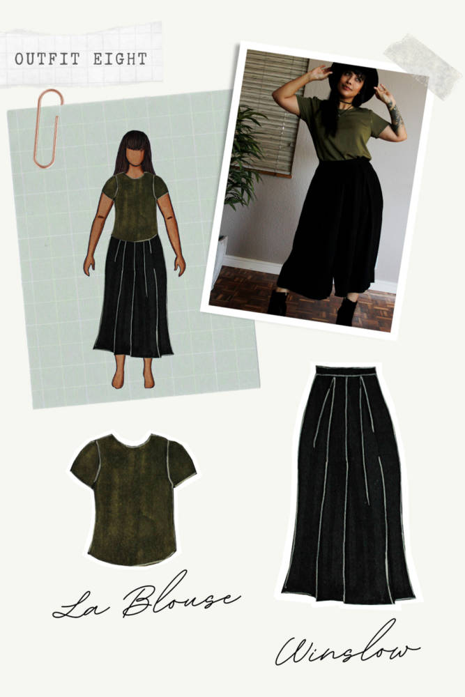 Capsule Wardrobe Sewing outfits from sketch to finish! Outfit 8: black Winslow Culottes + khaki olive La Blouse. I sketched each outfit on my personalized croquis fashion drawing templates from MyBodyModel.