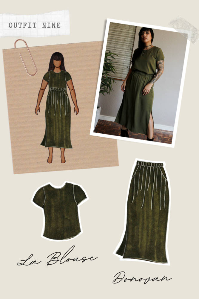 Capsule Wardrobe Sewing outfits from sketch to finish! Outfit 9: khaki olive set, La Blouse + Donovan Skirt. I sketched each outfit on my personalized croquis fashion drawing templates from MyBodyModel.