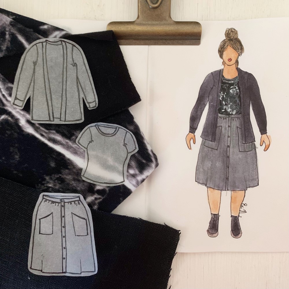 Mybodymodel 3x3 capsule Outfit 4_ Blackwood cardigan, Concord T-shirt and Estuary skirt