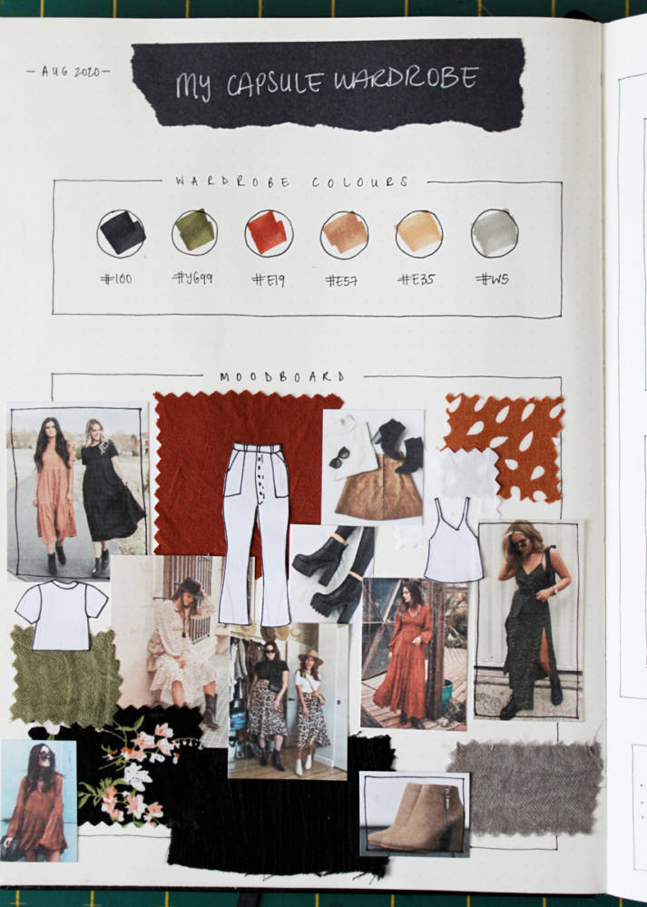 Close up of the left page in my 2-page sewing bullet journal Capsule Wardrobe Planner spread: Color palette, fabric swatches, and mini mood board including garment line drawings made by tracing over my body model croquis