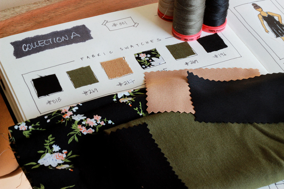 My fabric swatches for my capsule Collection A #001. I chose mostly rayon twills for the fabric, and went with a colour scheme of black, khaki, tan and dark floral. 
