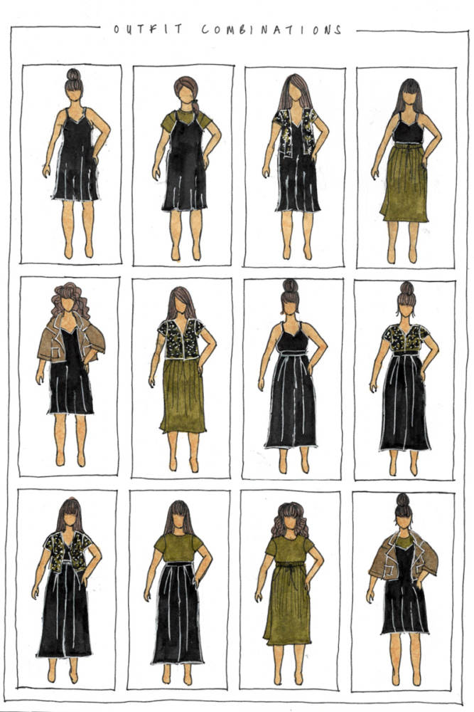 My capsule wardrobe sewing planner page in my bullet journal: 12 outfit combinations from 6 garments, sketched on my body model custom croquis fashion templates. Featuring: Ogden Cami, Donovan Skirt, Pona Jacket, Winslow Culottes, and Deer and Doe Dressed Le Chemisier & La Blouse in a neutral color palette of black, olive khaki, tan, and dark floral.