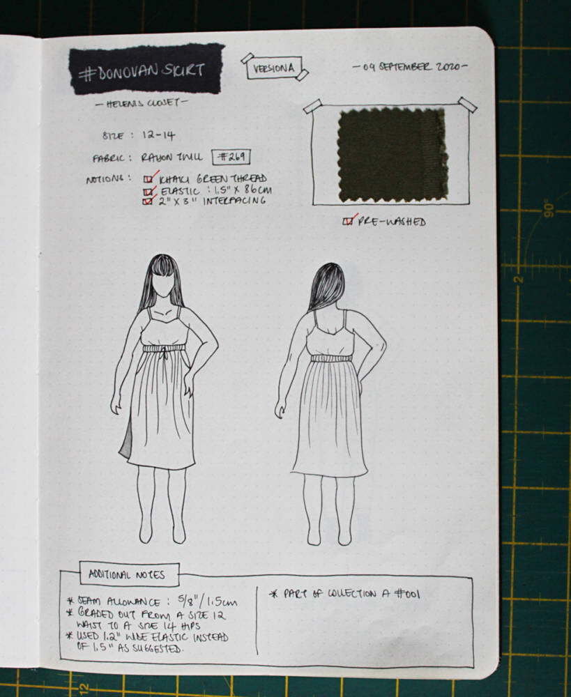A sample project planning page setup in my sewing bullet journal, with space for fabric swatch, notes, and of course, my fashion sketch on my body model croquis. This is my sewing plan for the Donovan Skirt by Helen's Closet.