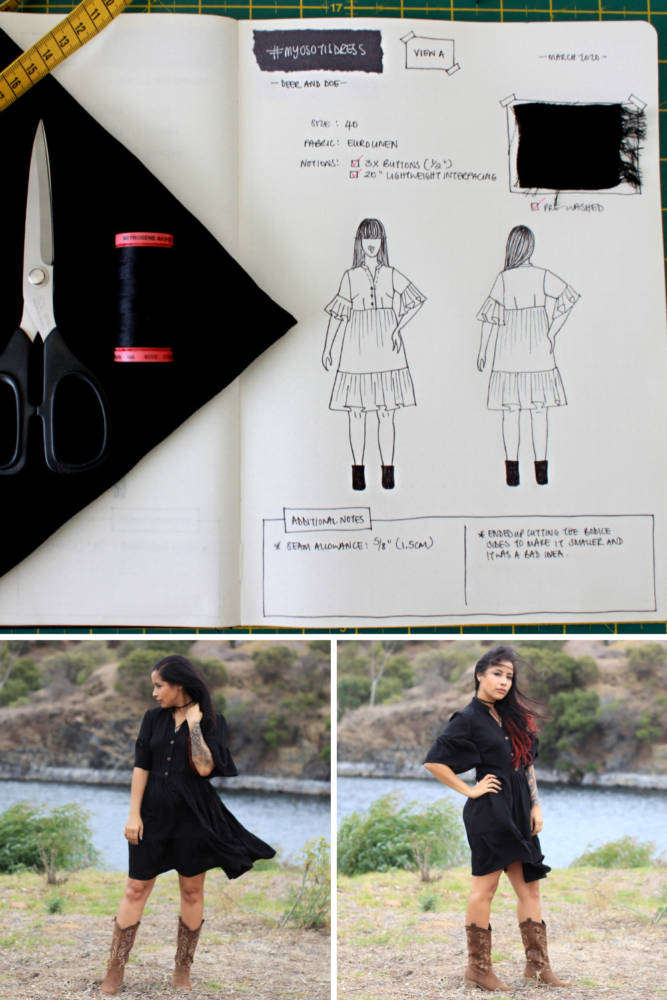 Raylene's year of fashion sewing from #sketch2finish! Sewing pattern: Deer and Doe Myosotis Dress, an oversized shirtdress in dark euro linen fabric. Here we see Raylene's original bullet sewing journal sketch on her custom croquis figure from MyBodyModel alongside her finished garment, styled with tall brown cowboy boots.